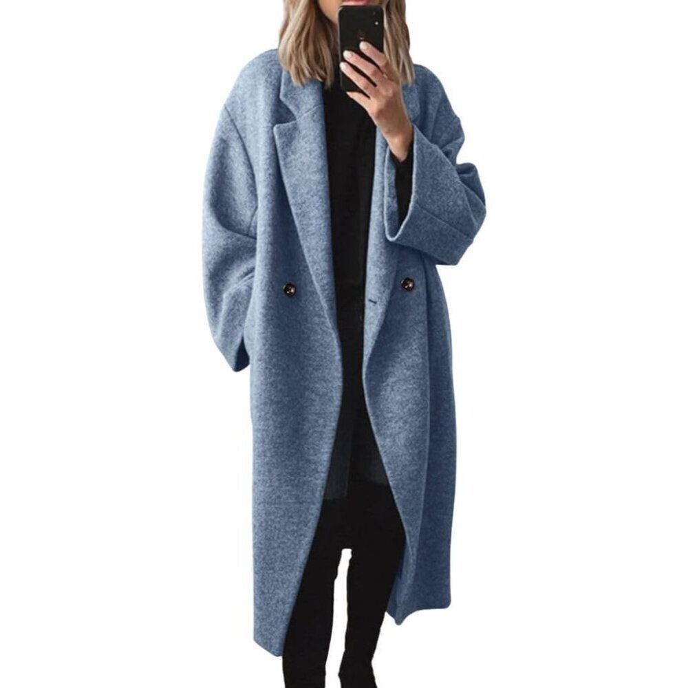 ⚡Women's Blue Winter Double Breasted Wool Coat Long Sleeve Long Trench Coat